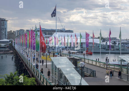 The Pyrmont Bridge Historic Old Electric Swing Bridge Gives Pedestrian Across Cockle Bay, Is Located in Darling Harbour Sydney Australia Stock Photo