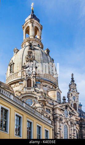 Germany, Saxony, Dresden, view of the imposing sandstone dome of Dresden Frauenkirche from Münzgasse Stock Photo