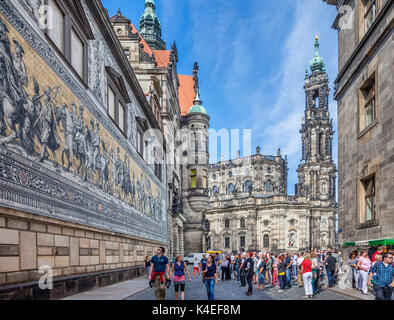 Germany, Saxony, Dresden, view of the 'Fürstenzug' Procession of Princes, a 102 metre long mural of a mounted procession of the rulers of Saxony, made Stock Photo