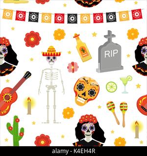 Day of the dead holiday in Mexico seamless pattern with sugar skulls. Skeleton endless background. Dia de Muertos repeating texture. Vector illustration. Stock Vector