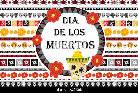Day of the dead Mexican holiday set of patterned brushes. Dia de los muertos border for your design. Isolated on white background. Vector illustration. Stock Vector