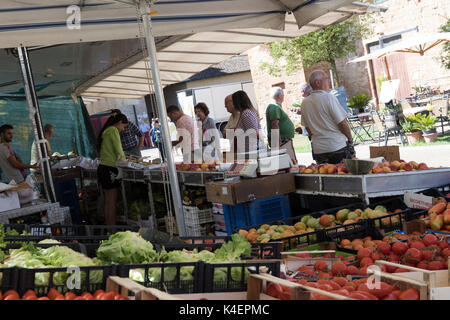 Fruit and vegetable stall on Market day in Buonconvento, Tuscany Italy Europe EU Stock Photo