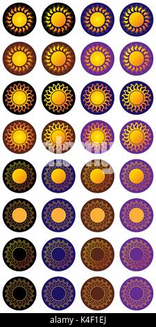 Sun sticker set, icons or logotype of sun. Collection of sun signs Stock Vector