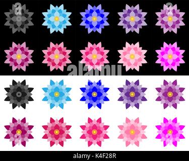 Set of lotuses performed a fills in various colors and hues. Lotus on white and black background Stock Vector