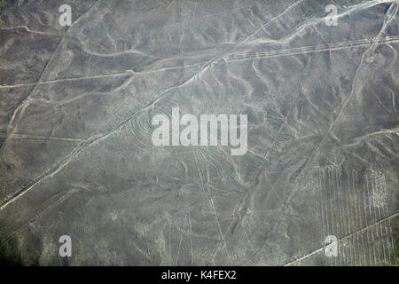 The Monkey, Nazca Lines, (ancient geoglyphs and World Heritage Site) in the desert near Nazca, Ica Region, Peru, South America - aerial Stock Photo