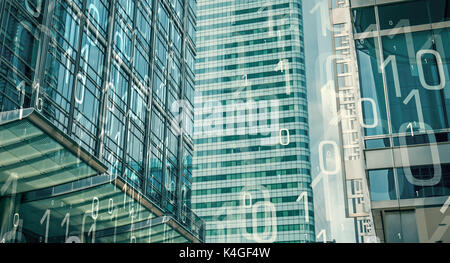 Cyber security, binary code and modern office buildings Stock Photo