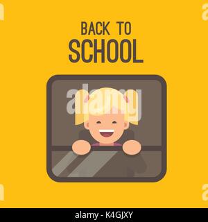 A little blonde girl looking out the window of a yellow school bus. Back to school Stock Vector