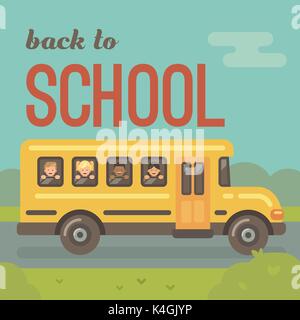 Yellow school bus on the road, side view, with four children looking out the windows, two boys, two girls. Back to school Stock Vector