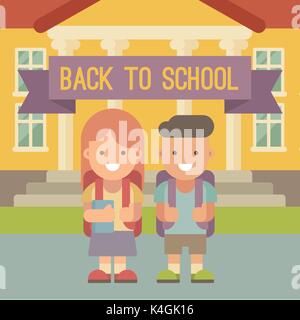 Children going to school. A boy and a girl with backpacks standing in front of school building. Flat illustration. Back to school Stock Vector