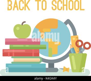School items: pile of books, apple, globe, pin, glass with scissors, ruler and pencil on white background. Flat illustration. Back to school Stock Vector