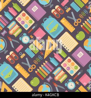 School items seamless pattern on dark background. Back to school Stock Vector