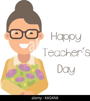 Happy Teacher's Day. Happy young teacher with flowers Stock Vector