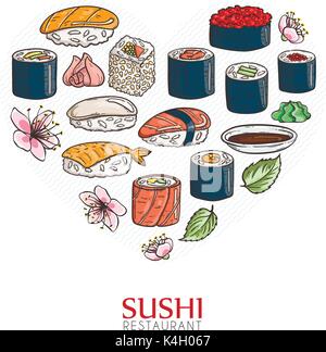 Heart background with sushi and rolls. Japanese traditional cuisine illustration. Vector with love. Stock Vector