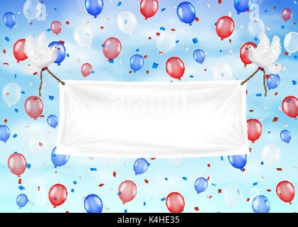 banners with pigeon and ropes balloons on sky Stock Vector