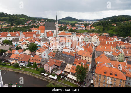 Cesky Krumlov - Aerial view of the small city in the South Bohemian Region of the Czech Republic. Old Ceský Krumlov is a UNESCO World Heritage Site. Stock Photo