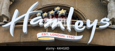 Hamleys Logo and store front. Hamleys is the oldest and largest toy shop in the world and one of the world's best-known retailers of toys Stock Photo