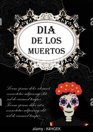 Day of the dead flyer, poster, invitation. Dia de Muertos template card for your design. Holiday in Mexico concept. Vector illustration. Stock Vector