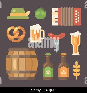 Set of flat Oktoberfest icons. Beer festival icons on dark background. Barrel, accordion, sausage on a fork, beer mug, beer bottle, hop, hat, pretzel, Stock Vector