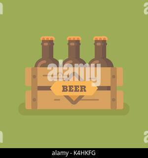 Beer crate with three beer bottles flat illustration Stock Vector