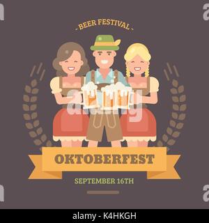 Oktoberfest flat illustration banner. Man in lederhosen and hat with two girls in dirndl dresses holding beer mugs. Cheers! Happy people drinking beer Stock Vector