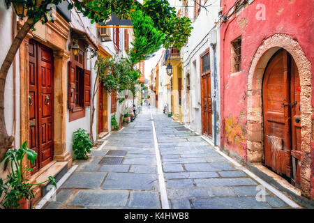 Charming colorful old streets of Old town in Rethymno in Crete island.Greece Stock Photo