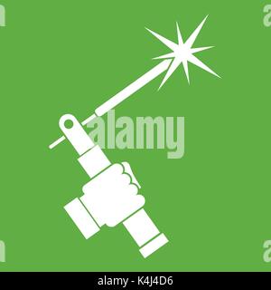 Mig welding torch in hand icon green Stock Vector