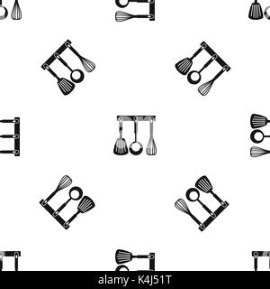 Spatula, ladle and whisk, kitchen tools pattern seamless black Stock Vector