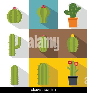 Green cactuses icon set, flat style Stock Vector