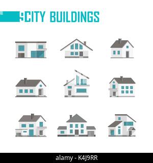 Nine small city buildings set of icons - vector illustration on white background. Low-storey houses with nice facades, balconies. Various shapes of ro Stock Vector