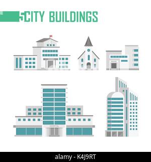 Five city buildings set of icons - vector illustration isolated on white background. School, church, fire department, hospital, skyscraper. Grey and b Stock Vector
