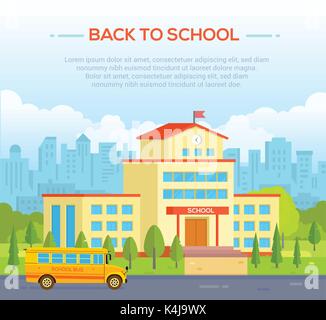 City school building with place for text - modern vector illustration. Urban background. Nice park around. Blue sky with clouds. Yellow bus on the roa Stock Vector