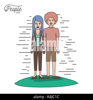 caricature couple people line casual clothes guy curly hair and woman with straight hairstyle standing in formal suit in grass on white background Stock Vector