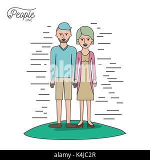 caricature couple people line casual clothes guy modern hairstyle and woman with straight hairstyle standing with dress in grass on white background Stock Vector