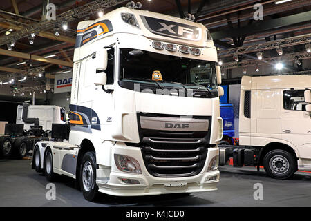 JYVASKYLA, FINLAND - MAY 18, 2017: The new white DAF XF 510 Nordic Edition truck on display on Kuljetus 2017, a professional event for transportation  Stock Photo