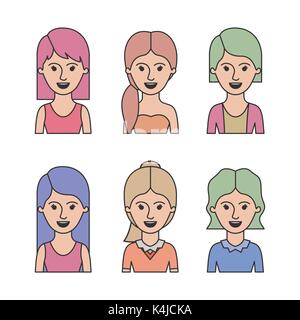 caricature half body women with differents hairstyle set on white background Stock Vector