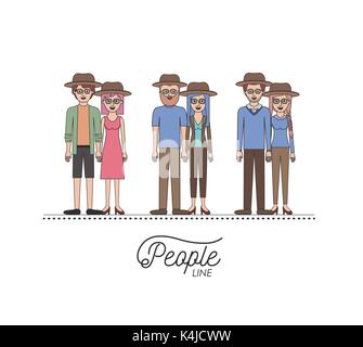 caricature couple people line set with casual clothes and hats standing on white background Stock Vector