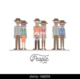 caricature couple mature people line set with casual clothes and hats standing on white background Stock Vector