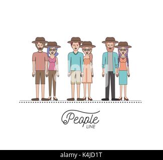 caricature couple people line set with casual clothes and hats standing with hairstyle on white background Stock Vector