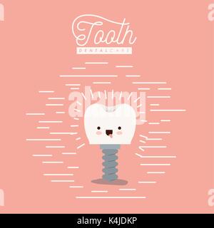 tooth implant with screw dental care kawaii caricature with tongue out expression on color poster with lines Stock Vector