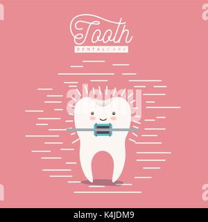 kawaii caricature tooth with brace dental care with happiness expression on color poster with lines Stock Vector
