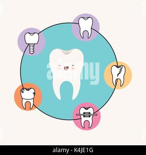 tooth kawaii caricature with eyes closed and smiling expression with circular frame icons dental care on white background Stock Vector