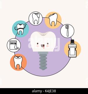 tooth implant with screw dental care kawaii caricature with tongue out expression with circular frame icons dental care on white background Stock Vector
