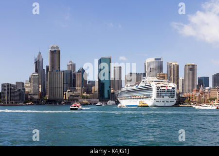 Cruise ship Diamond Princess moored in Sydney Harbour with the CBD Central Business District in the background, Sydney Harbour, New South Wales, NSW,  Stock Photo