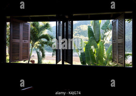 Trees seen through from window, Oudomxay Province, Laos Stock Photo