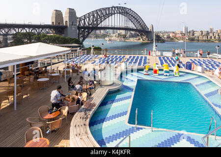 Aft deck swimming pool of the Holland and America line cruise ship Oosterdam moore in Sydney Harbour, NSW, New South Wales, Australia Stock Photo