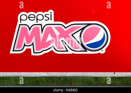 Aggersund, Denmark - August 23, 2017: Pepsi max logo on a wall. Pepsi max is a low-calorie, sugar-free cola, marketed by PepsiCo Stock Photo