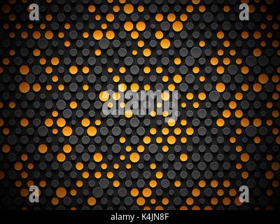 Abstract industrial realistic embossing volume cylinder texture, depressed circles black background, 3d geometric pattern. Round orange dot cyber back Stock Vector