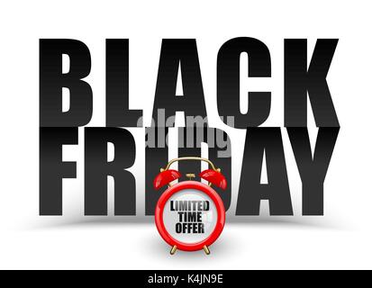 Black friday black text on white background. Vector red alarm clock with limited time offer. Banner for holiday sale promotion. Stock Vector