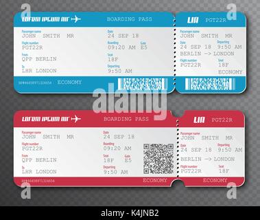 Airline boarding pass ticket tear-off element set, isolated on transparent background. Vector illustration. Red and blue passenger flight card with QR Stock Vector