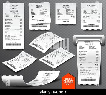 Cash register sale receipt printed on thermal rolled paper. Realistic image collection isolated on transparent background. Financial atm transaction Stock Vector